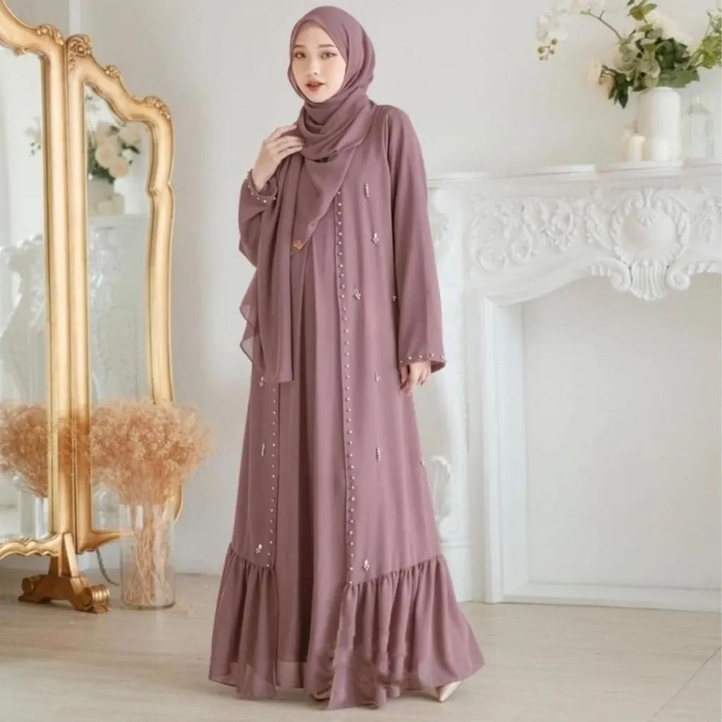 Abaya Airin Set dengan Pashmina Matt Ceruty Babydoll Full Puring untuk Gamis Muslim Casual Lebaran