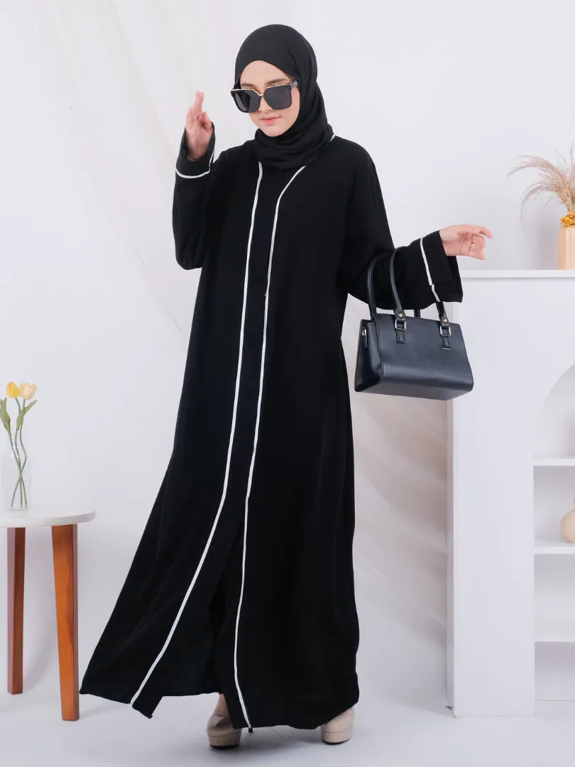 Abaya Hitam Modern Remaja dengan Resleting Depan