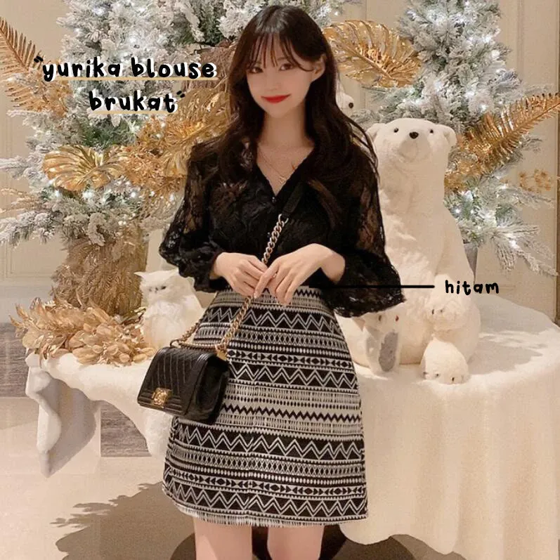 Atasan Lengan Panjang Brokat Blus Wanita Korea Hijab Cantik