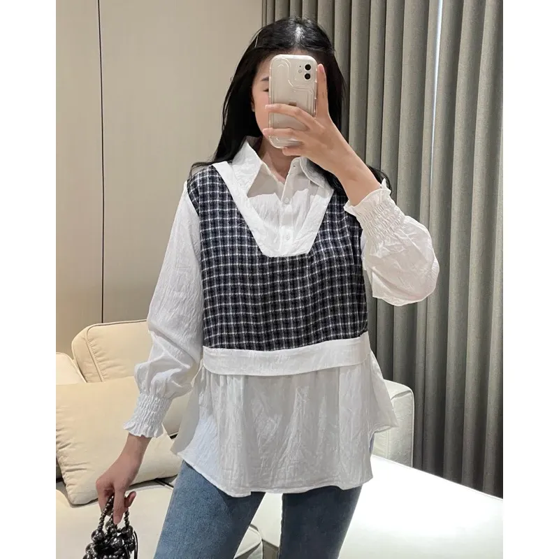 Audrey Blouse Kemeja Wanita Garis Tweed Lengan Panjang Motif Katun