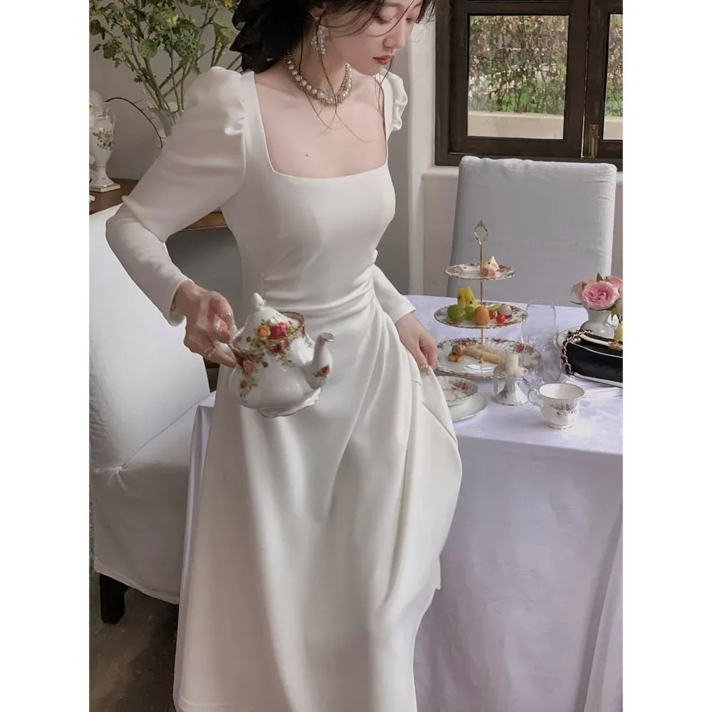 Baju Raya Midi Dress Putih Lengan Panjang Vintage Korean Style Elegant Terbaru 2024