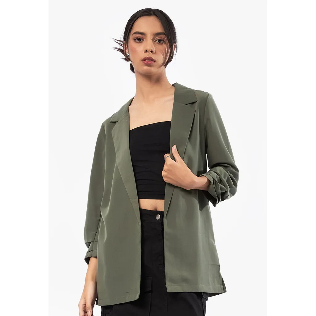 Blazer Terbuka Lengan Ruching Hijau Tua