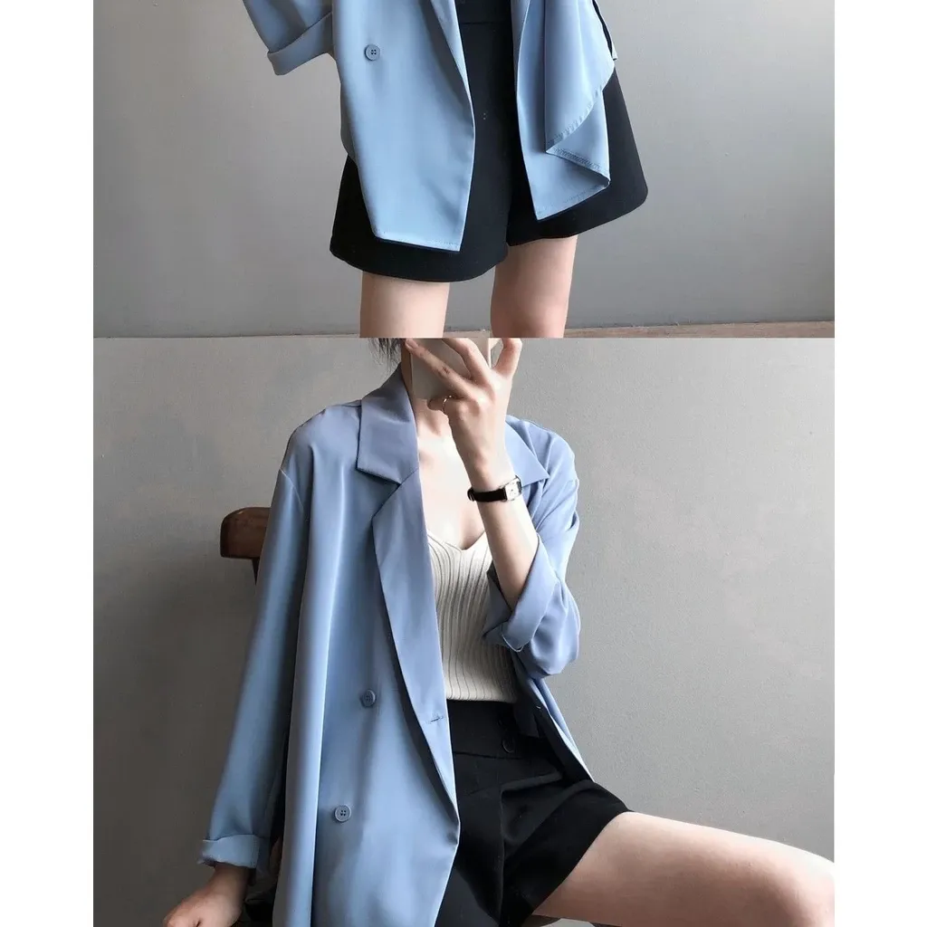 Blazer Wanita Tianshun Putih Hijau Hitam Biru Lengan Panjang