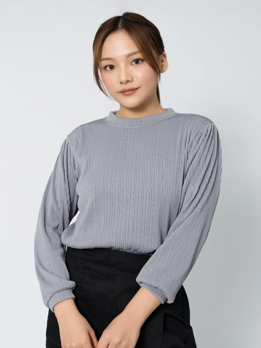 Blouse Wanita Lengan Panjang Desain Stripe Bahan Polyester