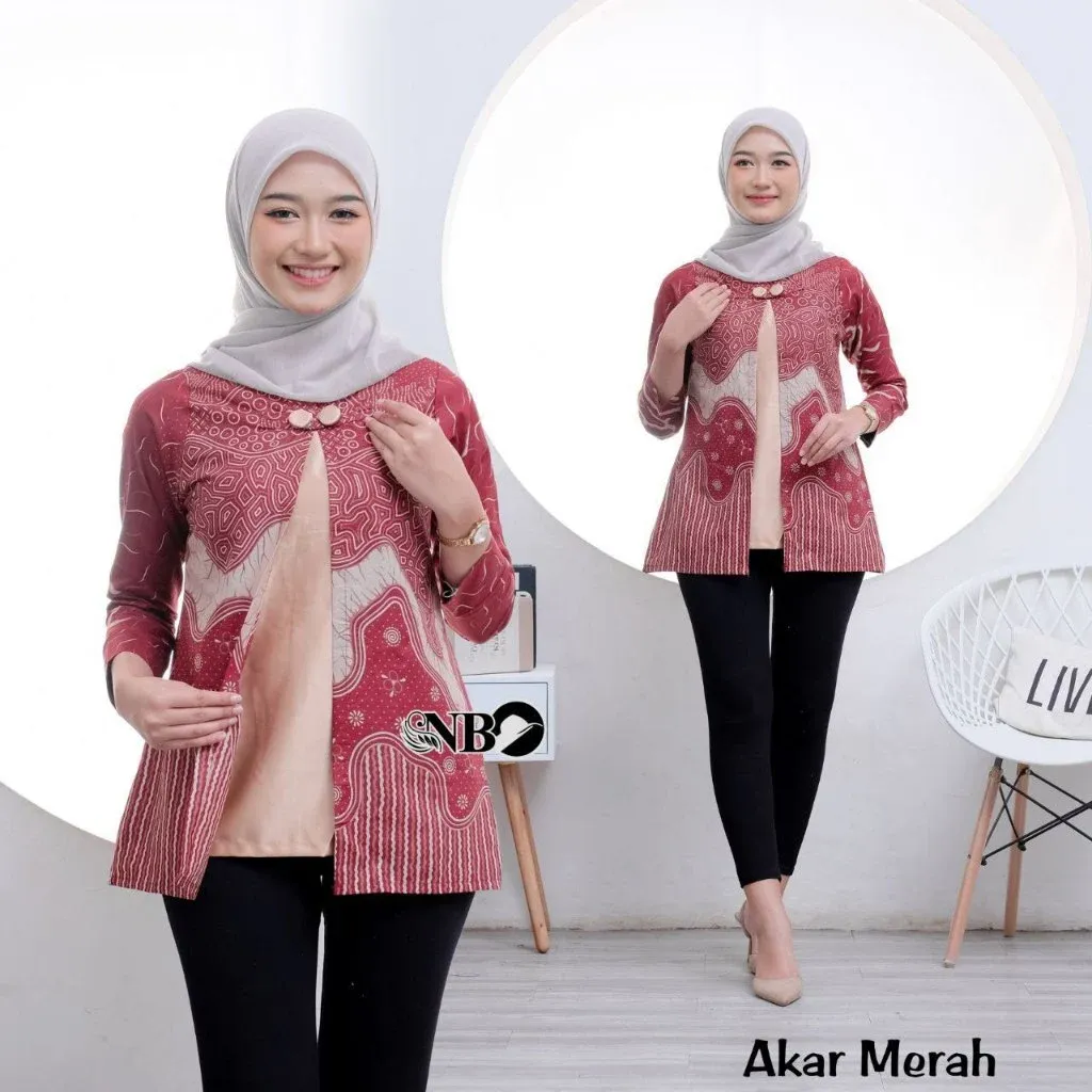 Blus Batik Wanita Modern Lengan Panjang Katun HRB212 Akar Navy