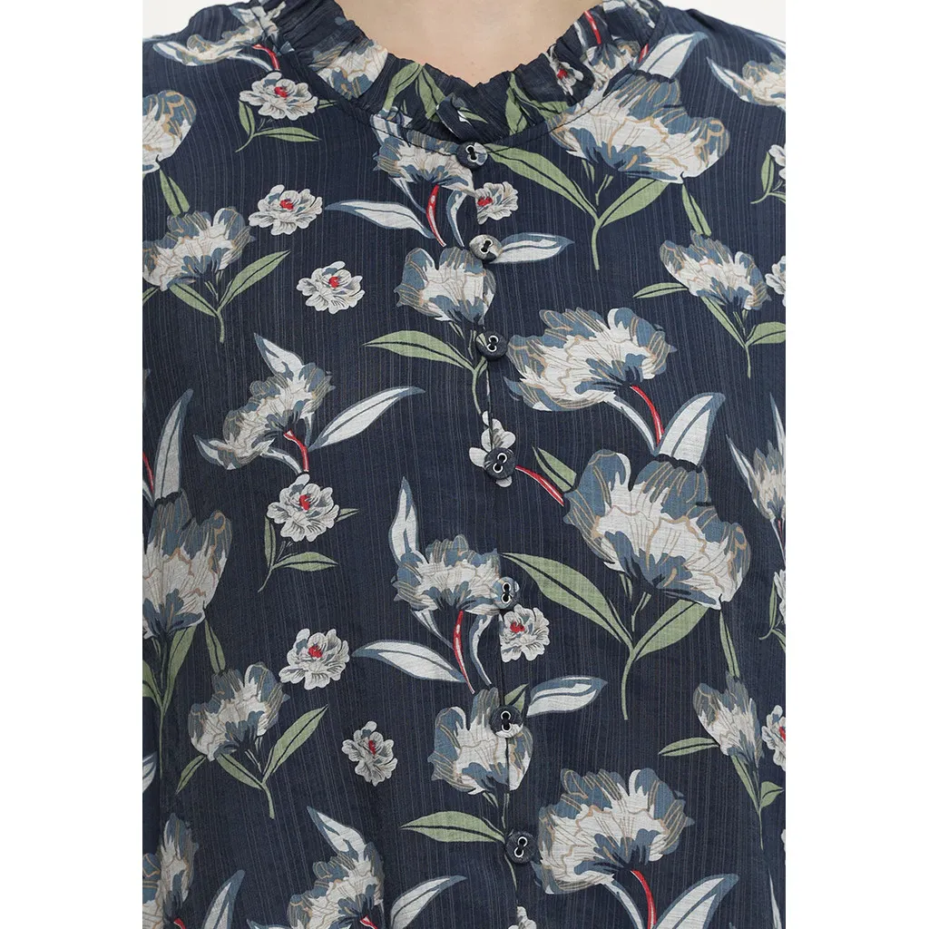 Blus Floral Wanita Navy Ruffle Stylish