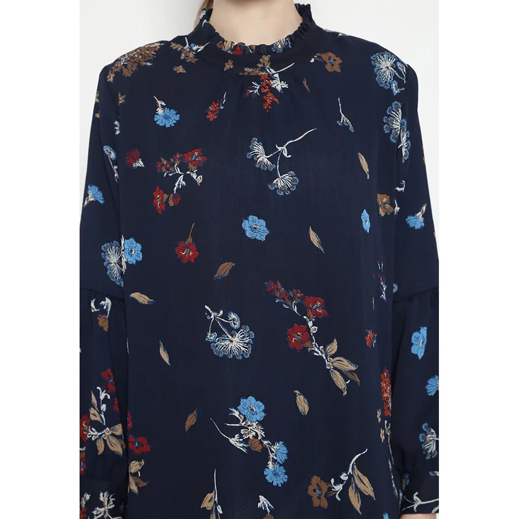 Blus Wanita Floral Sifon Puff Sleeve Navy