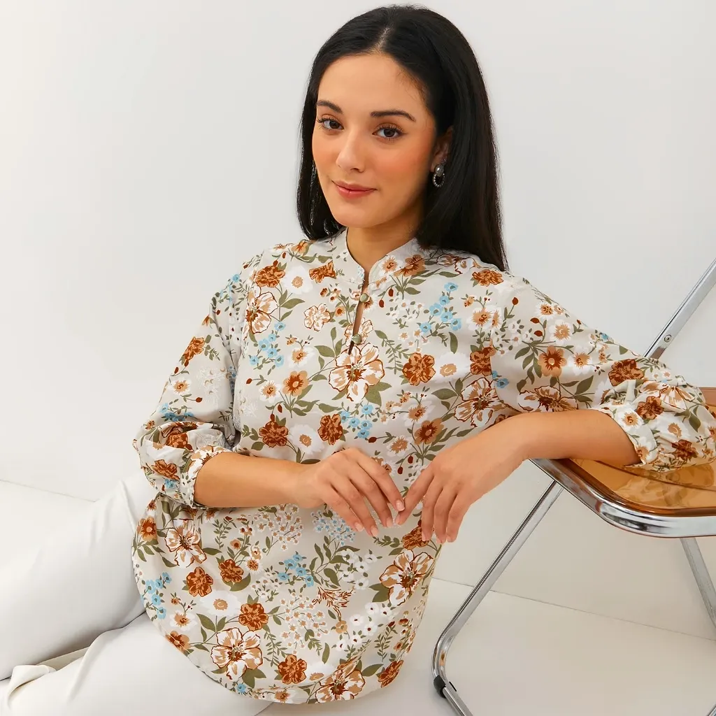 Blus Wanita Lengan Panjang Motif Bunga Kekinian