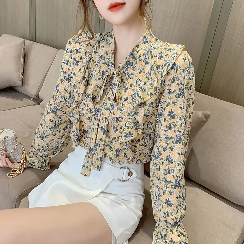 Blus Wanita Lengan Panjang Motif Bunga Sifon Pink