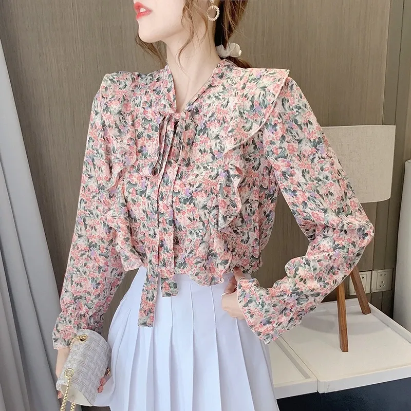 Blus Wanita Lengan Panjang Sifon Motif Bunga Pink