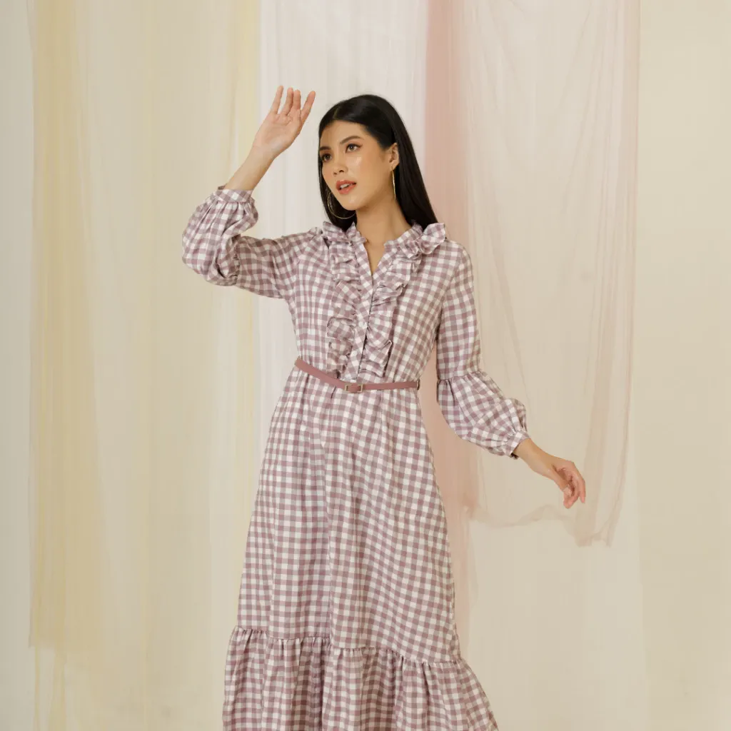 Cherlita Maxi Dress Wanita Lengan Panjang Motif Kotak