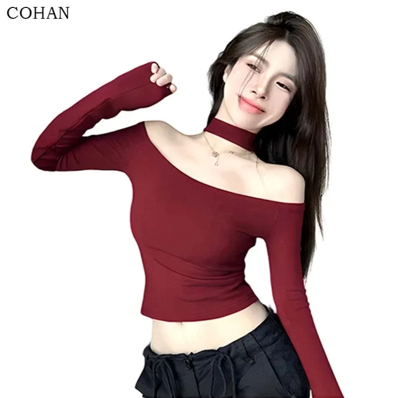 Cohan DS028 Baju Fashion Wanita Slimbody Crop Top Lengan Panjang Merah Hitam S/M/L