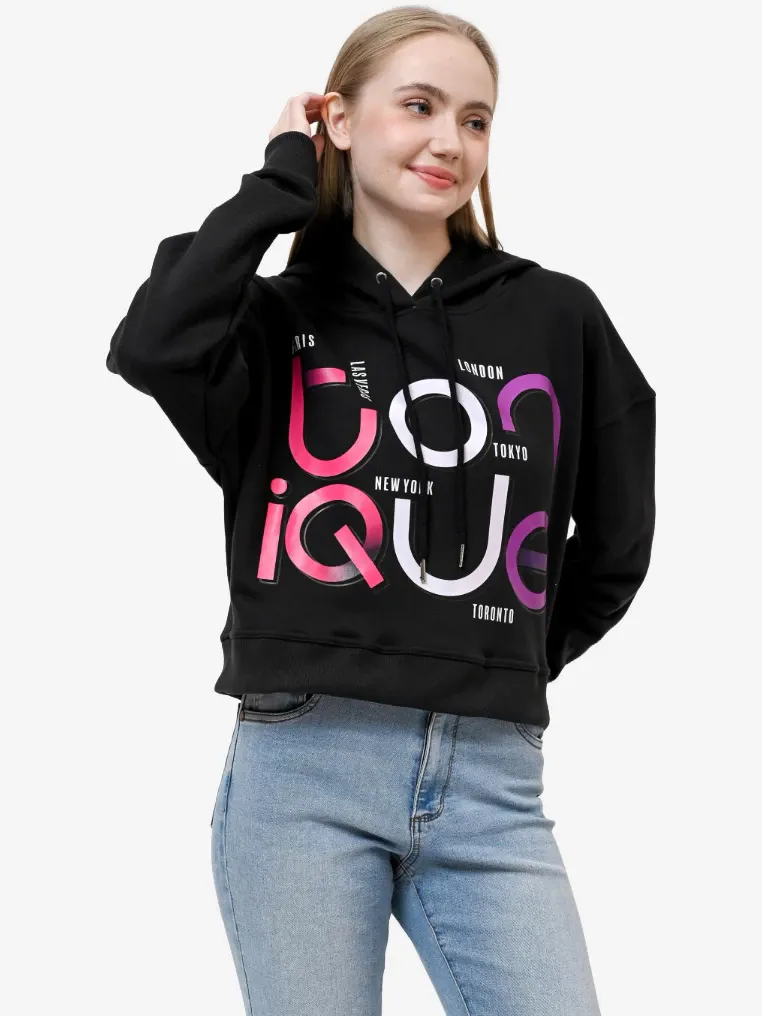 Crop Hoodie Wanita Katun Fleece Hitam MIA