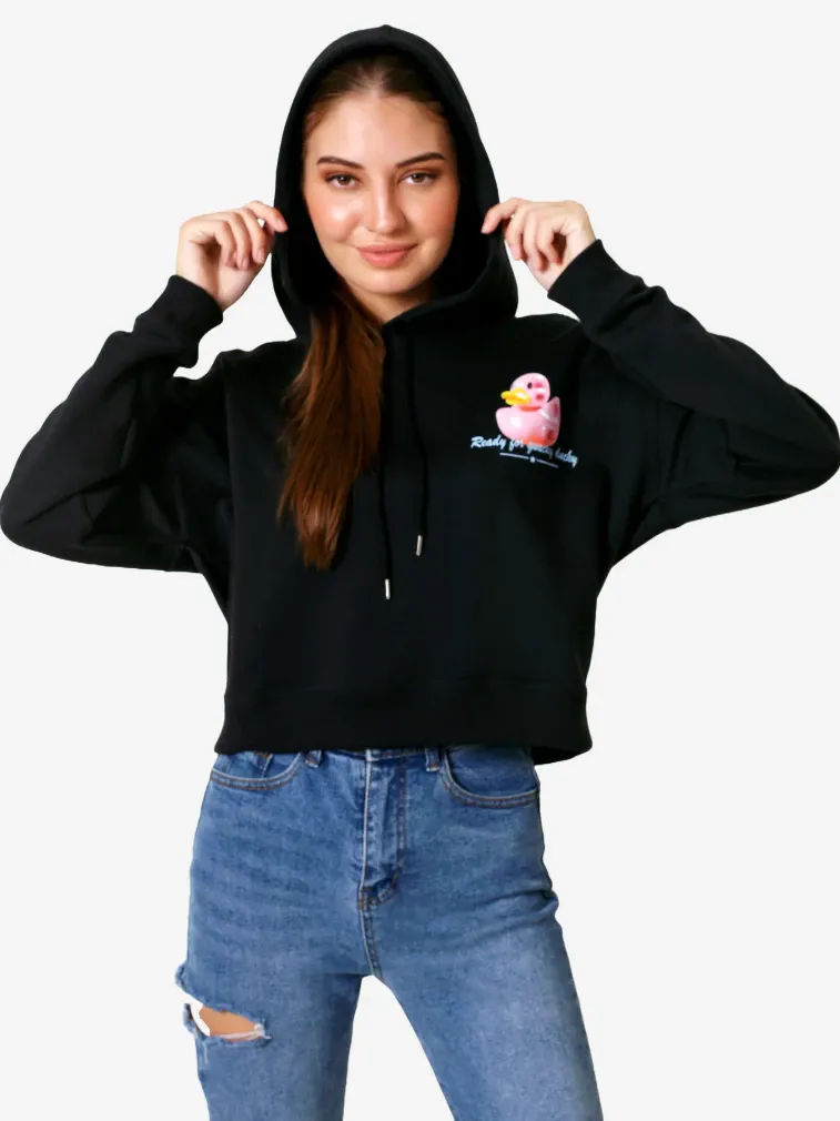Crop Hoodie Wanita Katun Hitam