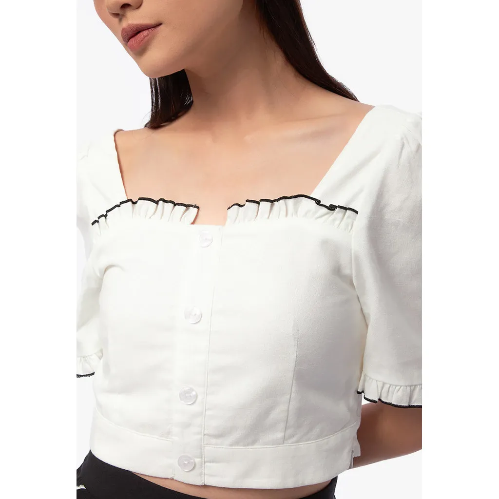 Crop Top Ruffle Trim Warna Off White