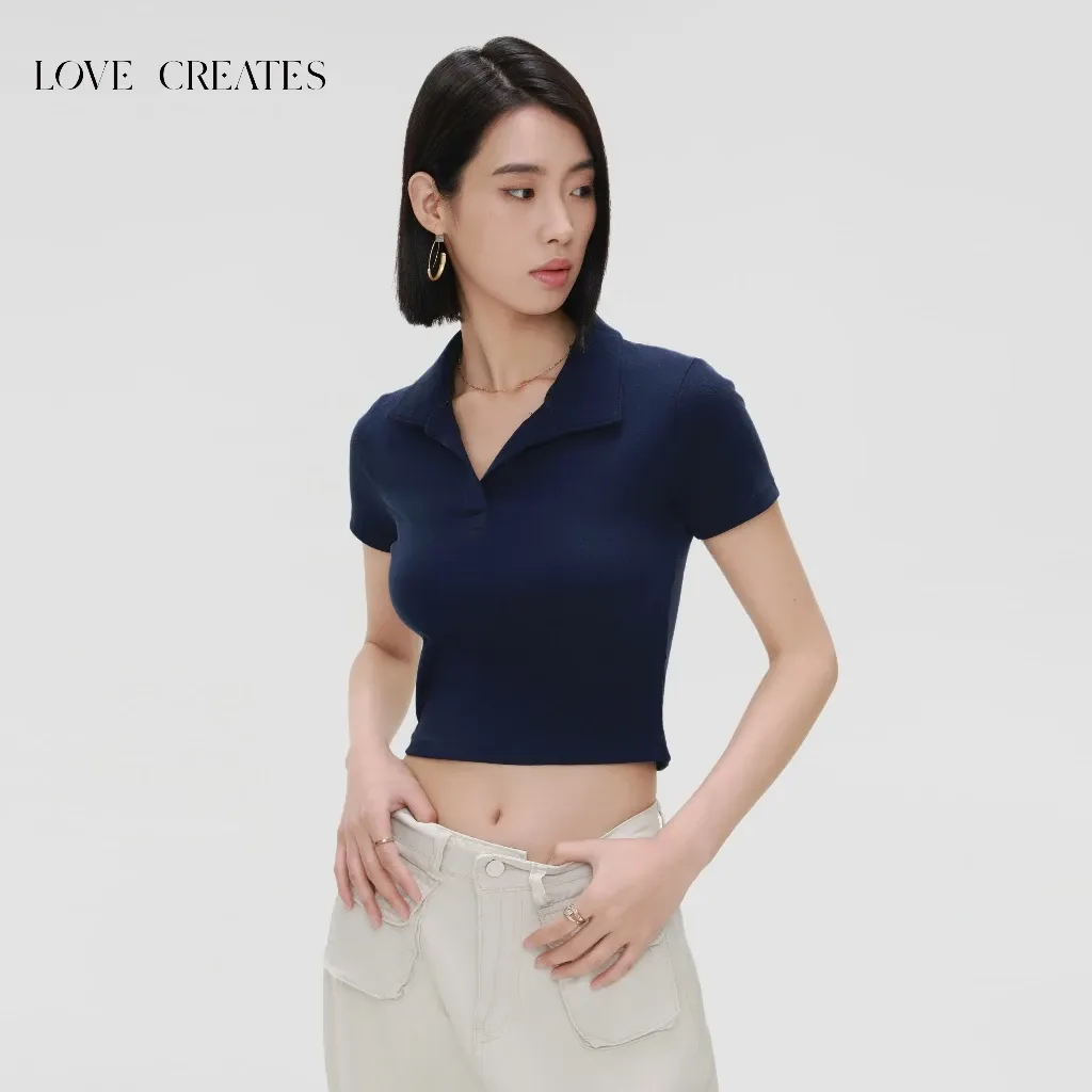 Crop Top Wanita V Kaos Polo Lengan Pendek
