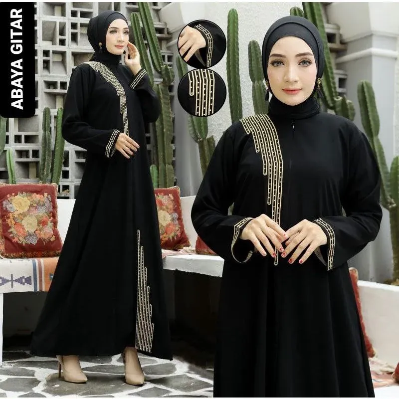 Gamis Abaya Hitam Bordir Gold Size S-XL
