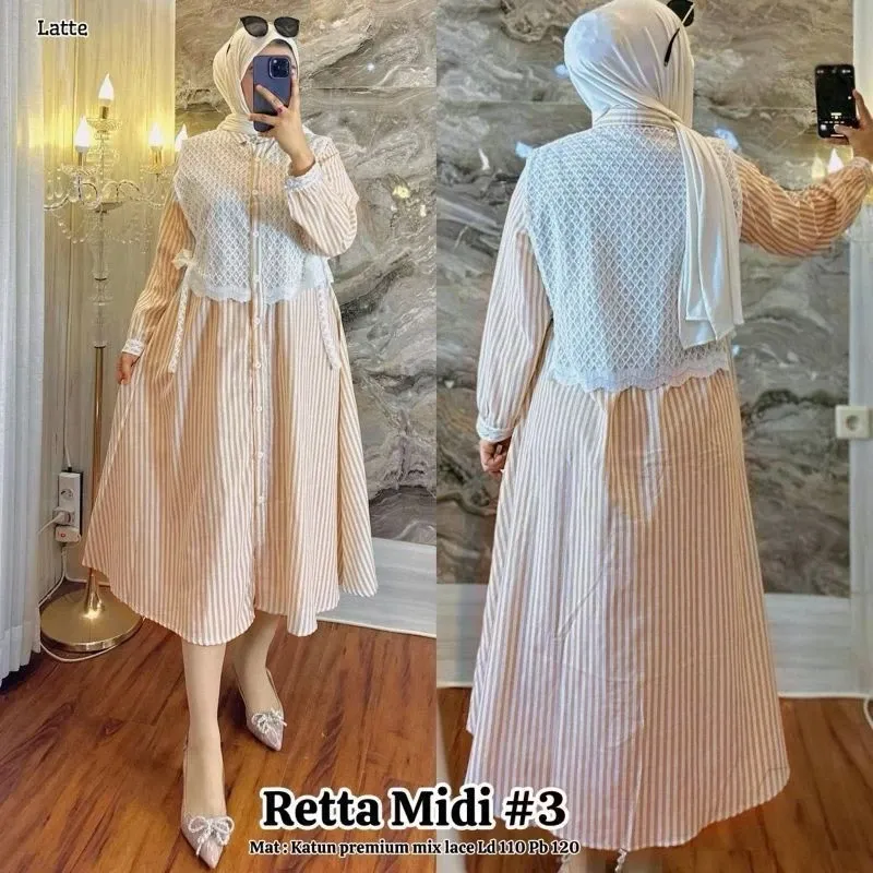 Gamis Muslim Vallina Retta Midi Katun Salur Premium All Size Fit to XXL