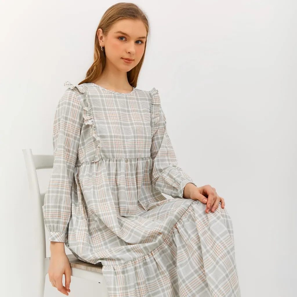 Gaun Maxi Lengan Panjang Pastel Kotak-kotak Wanita Stylish