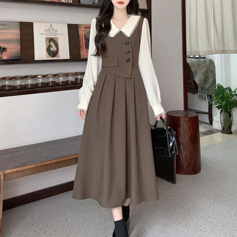 Gaun Midi Wanita Vintage Korea Lengan Panjang