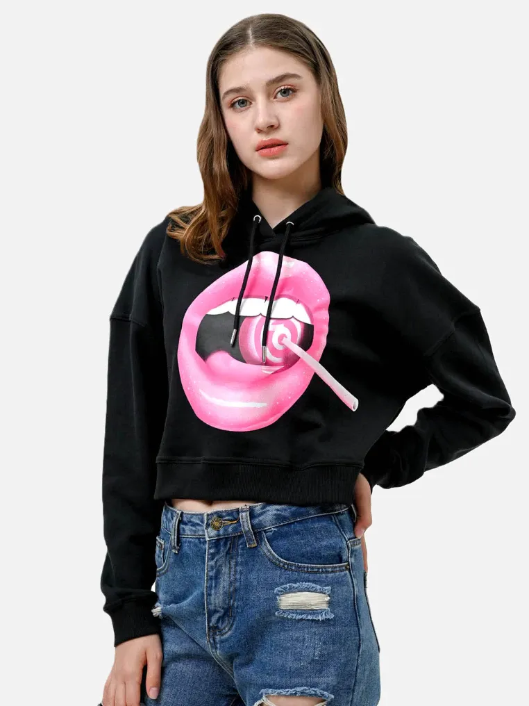 Hoodie Crop Katun Wanita Hitam