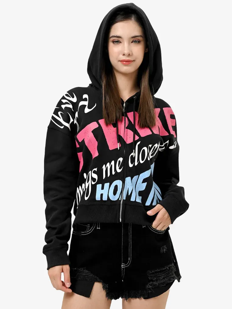 Hoodie Wanita Crop Zipper Katun Hitam EVE
