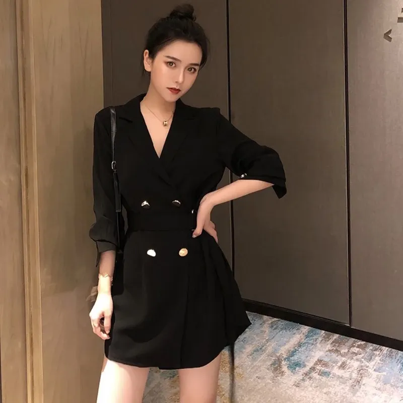Jas Wanita Newlan WT017 Musim Gugur Double-Breasted Kerah Longgar Mid-Length dengan Sabuk Model Korea