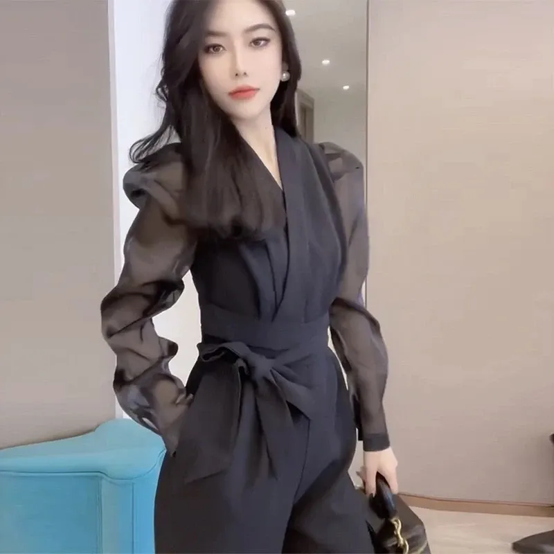 Jumpsuit Wanita Polos Korea Lengan Panjang Setelan Blazer Kerja Hitam