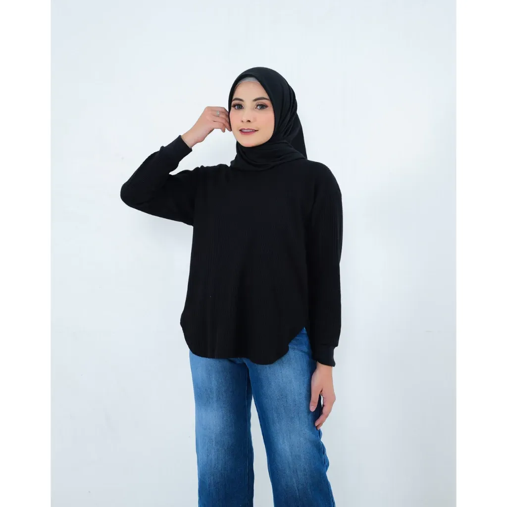 Kaos Waffle Lengan Panjang Wanita Anika