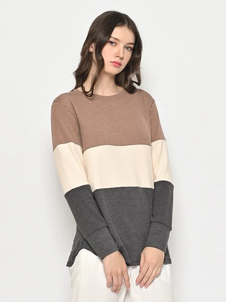 Kaos Wanita Multi Colour Lengan Panjang Kombinasi Stretch Snowy Rib Knit