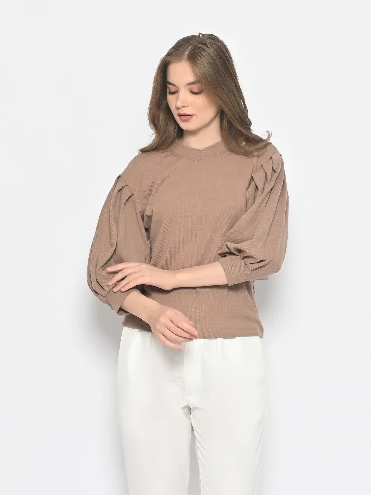 Kaos Wanita V Neck Lengan Balon 3/4 Stretch Polos