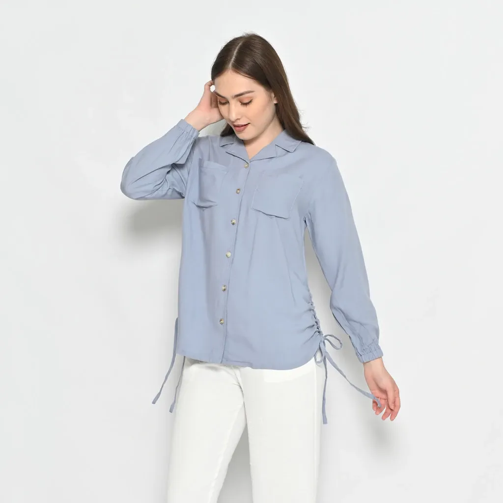 Kemeja Casual Wanita QUEENTIN Lengan Panjang Polos Katun Rayon