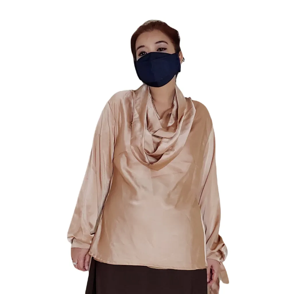 Kemeja Lengan Panjang Blus Satin Coklat GESYAL dengan Syal Lilit