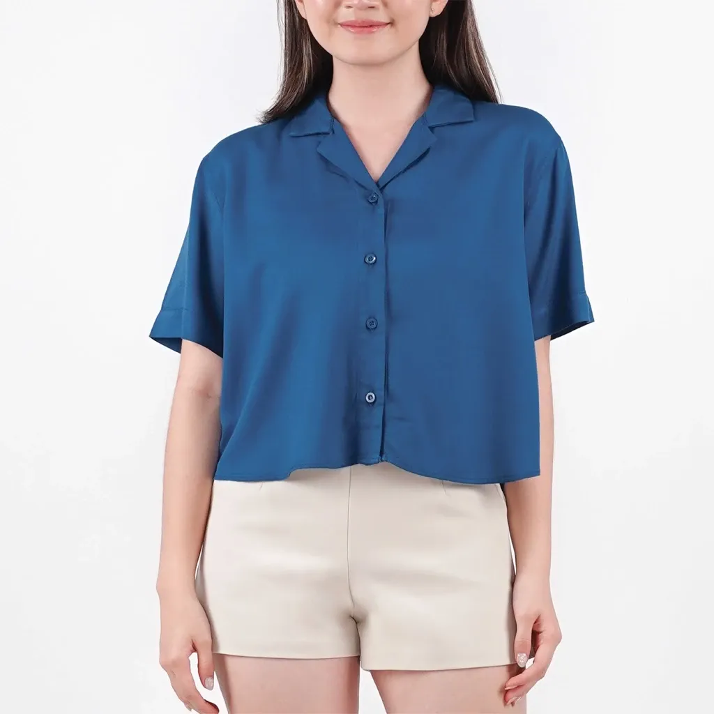 Kemeja Oversize Crop Top Rayon Yuki Prusian Blue Wanita
