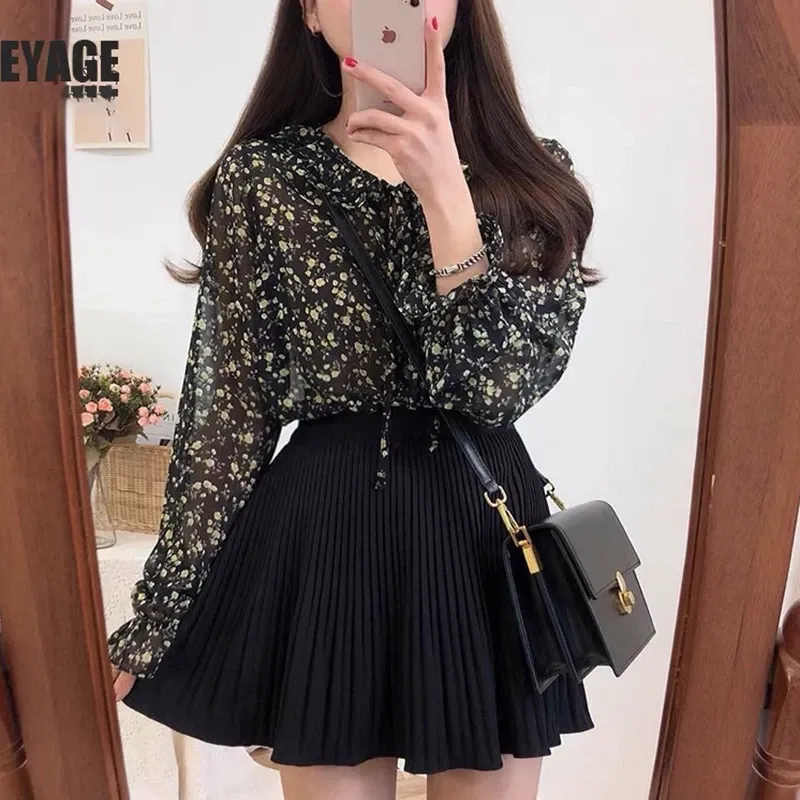 Kemeja Sifon Blouse Wanita Motif Bunga Lengan Panjang