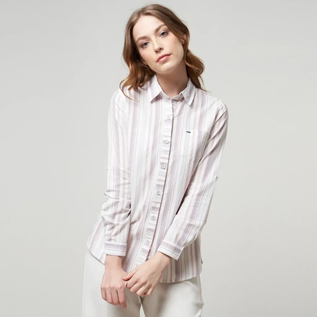 Kemeja Stripe Wanita Lengan Panjang Big Size Mirza Pink-Putih