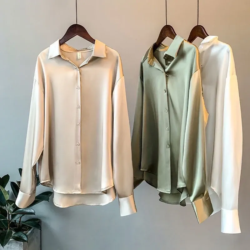 Kemeja Sutra Vintage Wanita Lengan Panjang