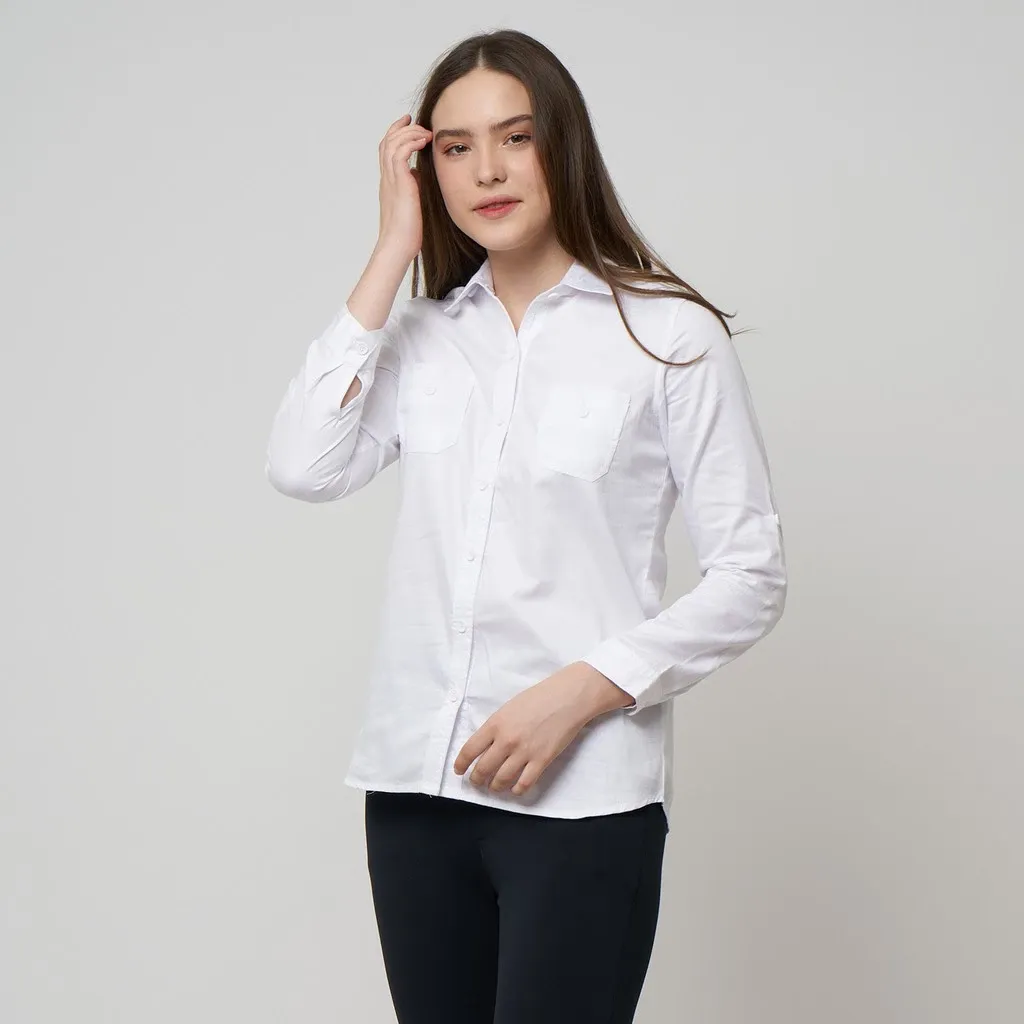Kemeja Wanita Big Size Polos Panjang Double Pocket Putih