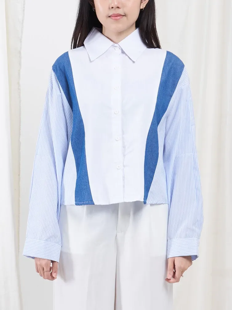 Kemeja Wanita Kombinasi Lengan Panjang 0748 Katun Denim Chambray Salur