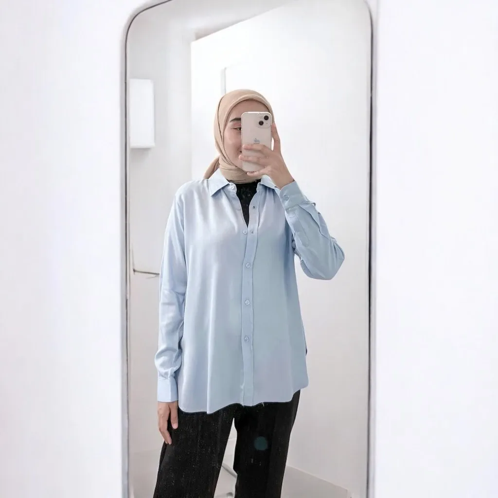 Kemeja Wanita Polos Twill Rayon Hitam Putih