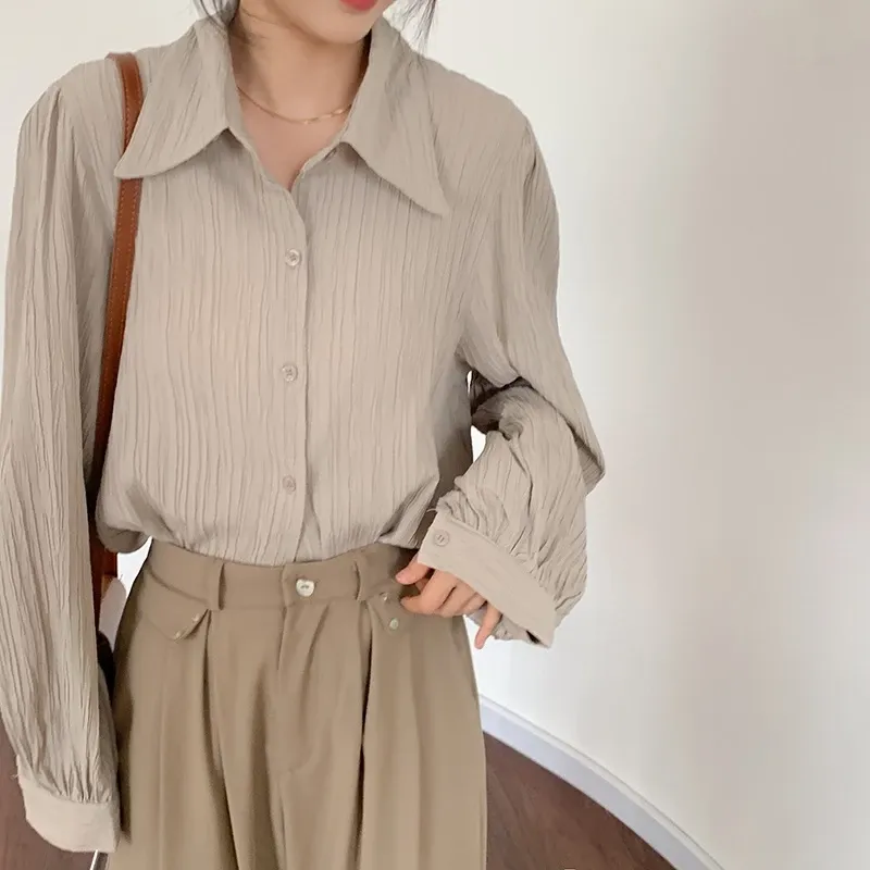 Kemeja Wanita Prancis Katun Kerah Polo Lengan Panjang Crinkle Blouse