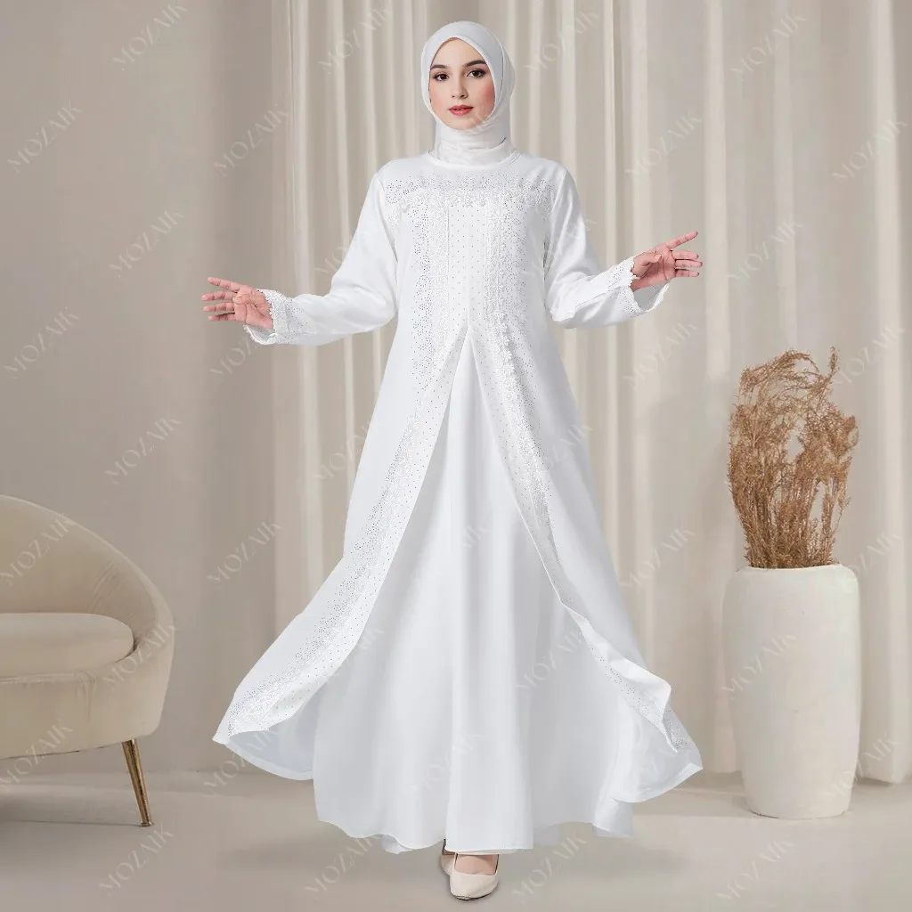 Mosaik Dress Gamis Putih Wanita Modern Abaya Elegan 012