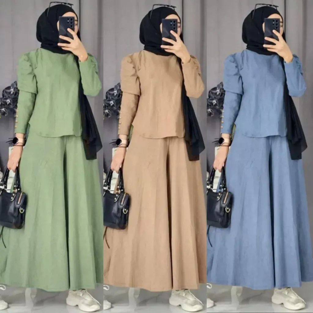 Palazo Set Celana Kulot Knit Premium Tangan Balon Serut Pundak