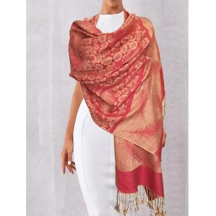 Pashmina Syal Wanita Motif Bulu Reversible