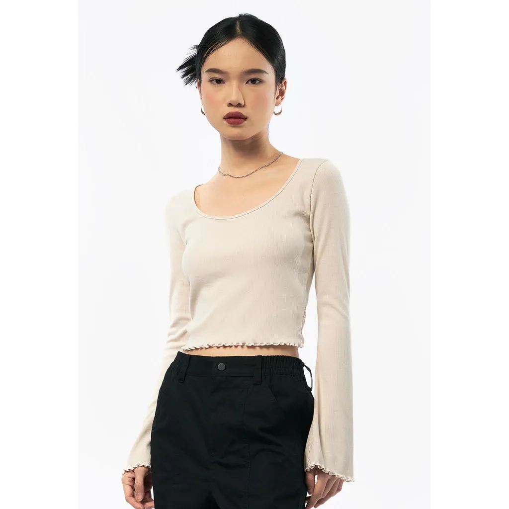 Rib Crop Top Ecru Lengan Panjang