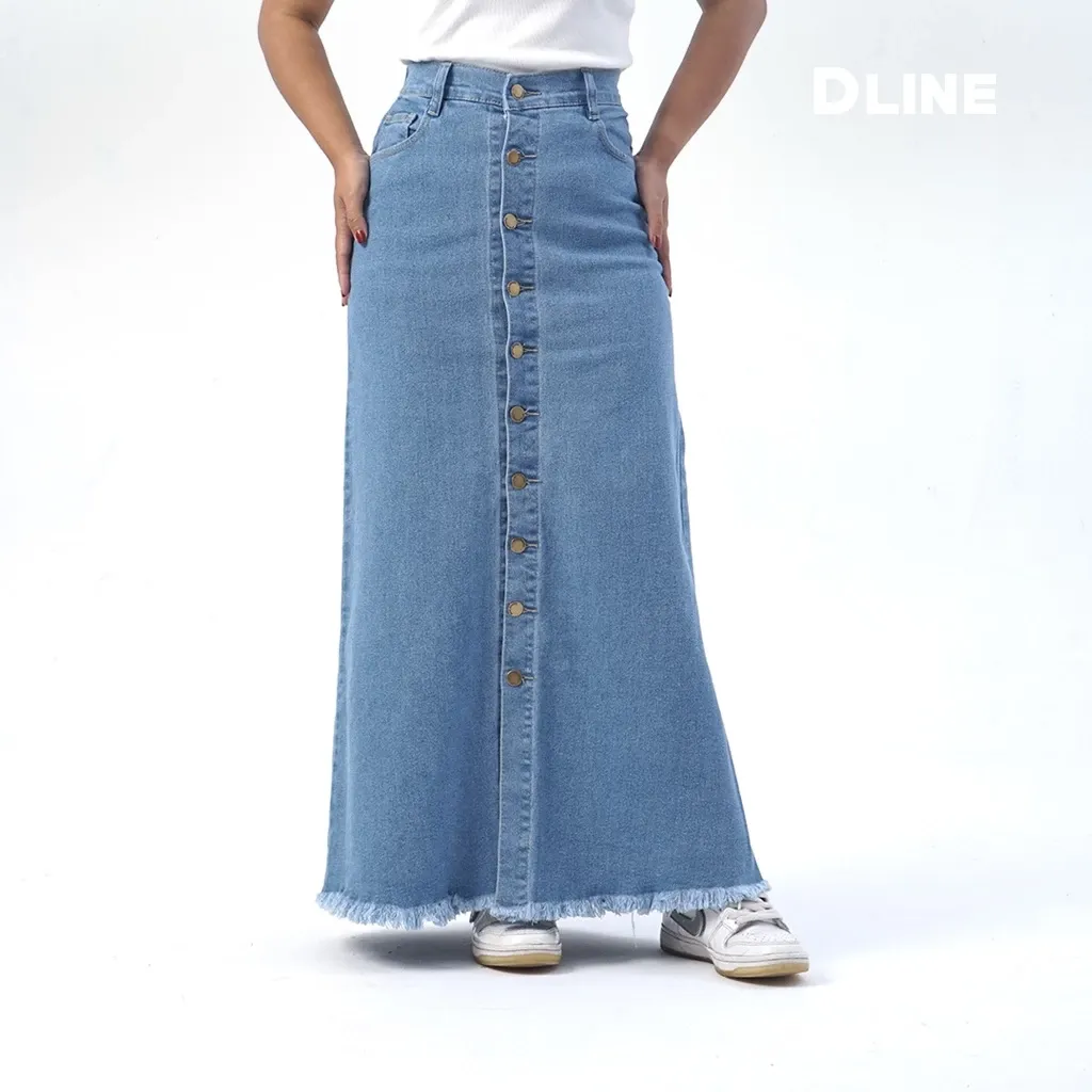 Rok Jeans Maxi Wanita Kancing Belakang Karet