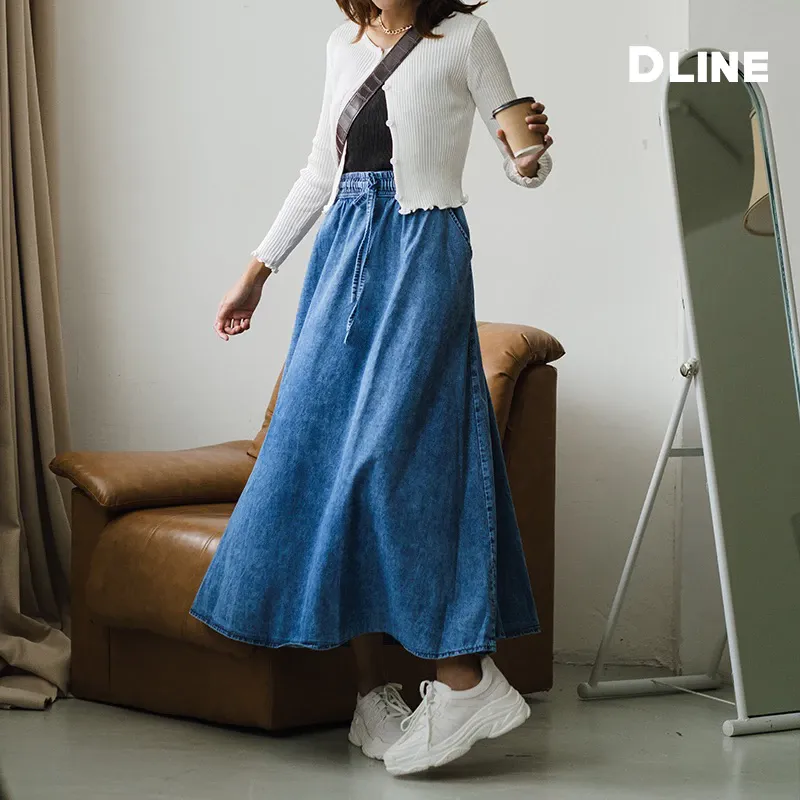 Rok Jeans Panjang Wanita Denim Pinggang Karet XXL Biru Tua - DLINE
