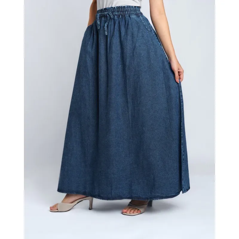 Rok Jeans Panjang Wanita Maxi Denim Pinggang Karet Fit XXL Snow Blue