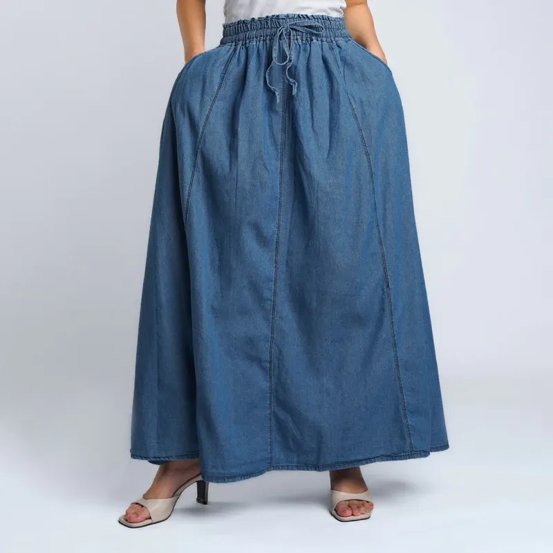 Rok Jeans Wanita Maxi Bigsize Garis Vertical