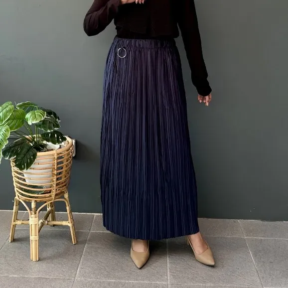 Rok Span Plisket Spandex Stretch Biru Navy Gelap Lezahrasignature Long Skirt